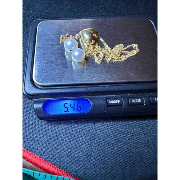 18K Gold Yellow Puffed Heart Diamond Dangle 8.5mm Pearls 16"Chain 5.46 Grams. - Picture 9 of 13